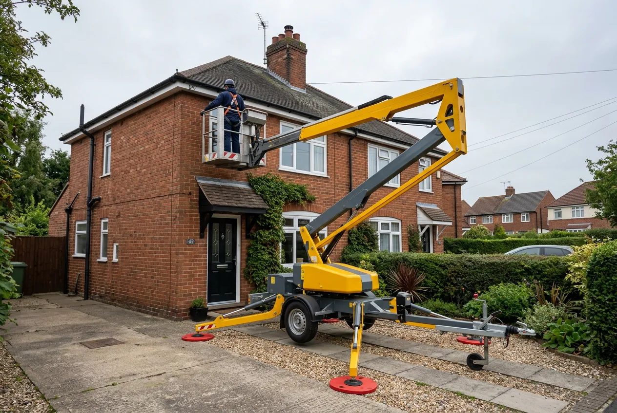Cherry picker boom lift set up on the driveway of a UK brick semi-detached house