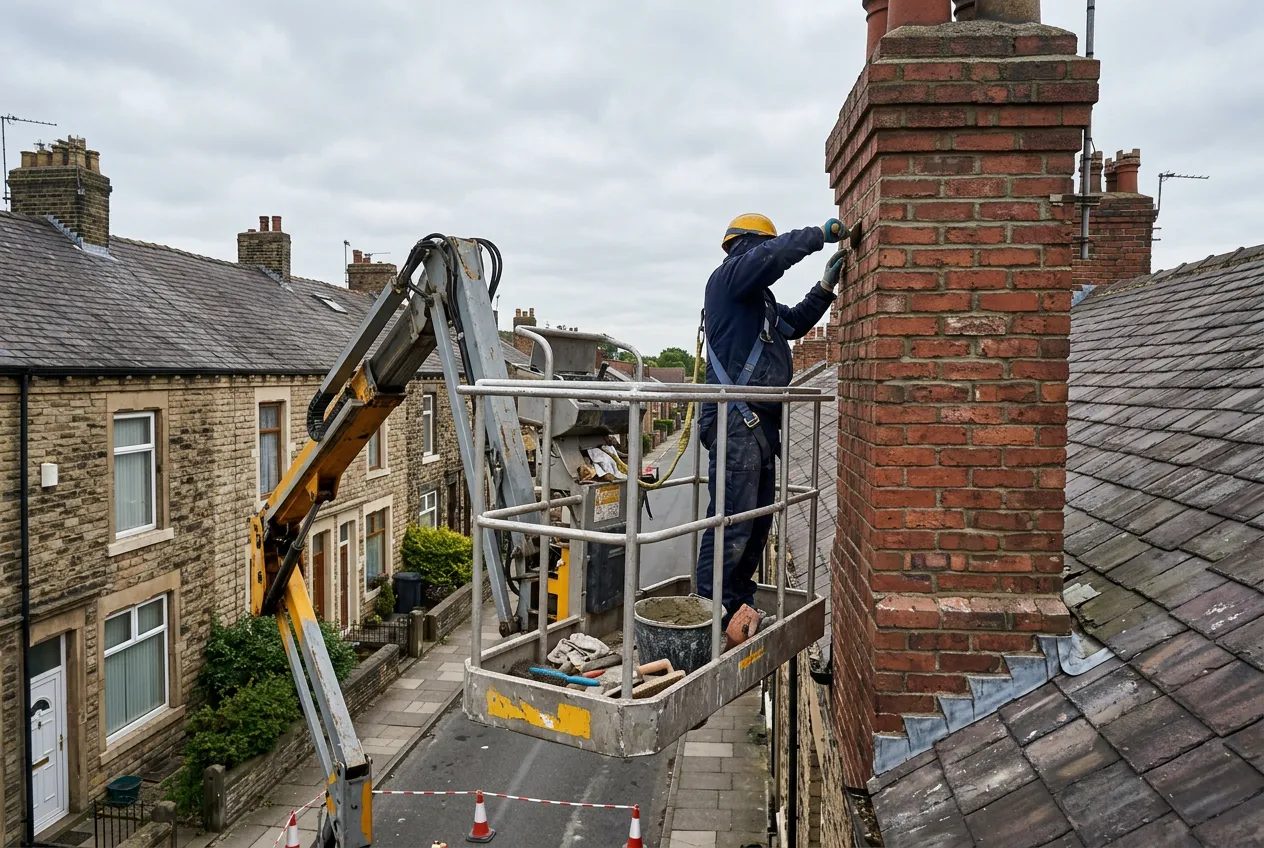 Cherry picker platform beside a tall brick chimney stack on a UK terrace