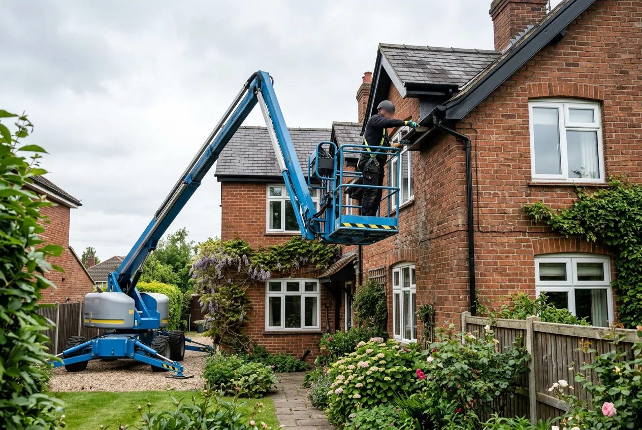 Cherry picker platform positioned beside the gutter line of a UK brick house