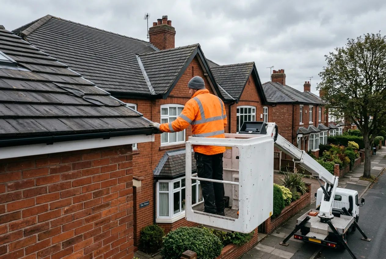 Cherry picker basket at the roof edge of a British semi-detached house