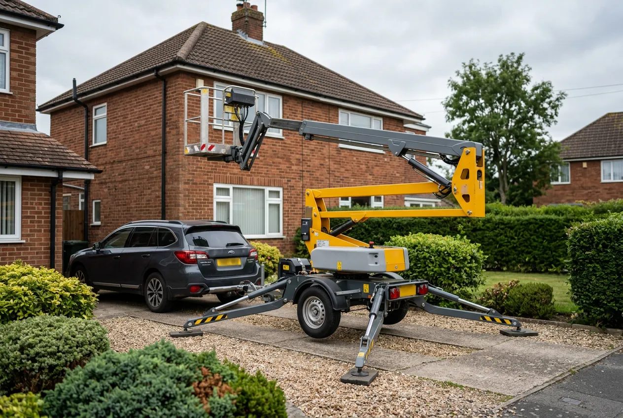 Towable boom lift parked on a residential UK driveway